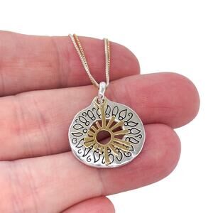 Estate Sterling Silver 925 Two Tone Sun Medallion Necklace 18"